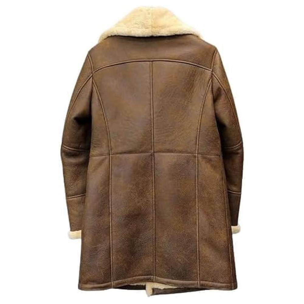 Man wearing Pious Leather's closed brown double breasted shearling aviator trench coat