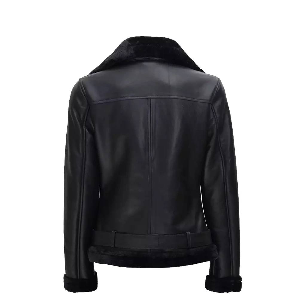 Black Real Lambskin Leather Biker Jacket with Asymmetrical Zip and Faux Shearling Lining.
