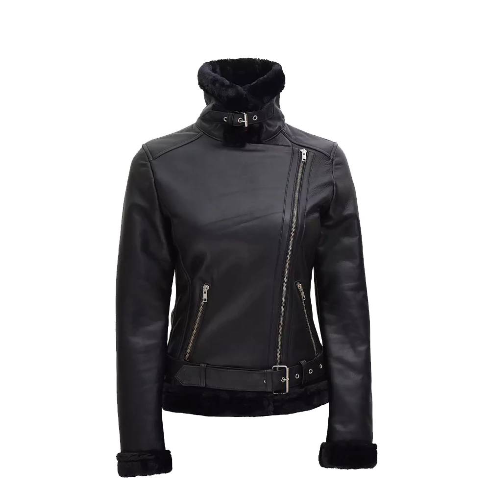 Black Real Lambskin Leather Biker Jacket with Asymmetrical Zip and Faux Shearling Lining.