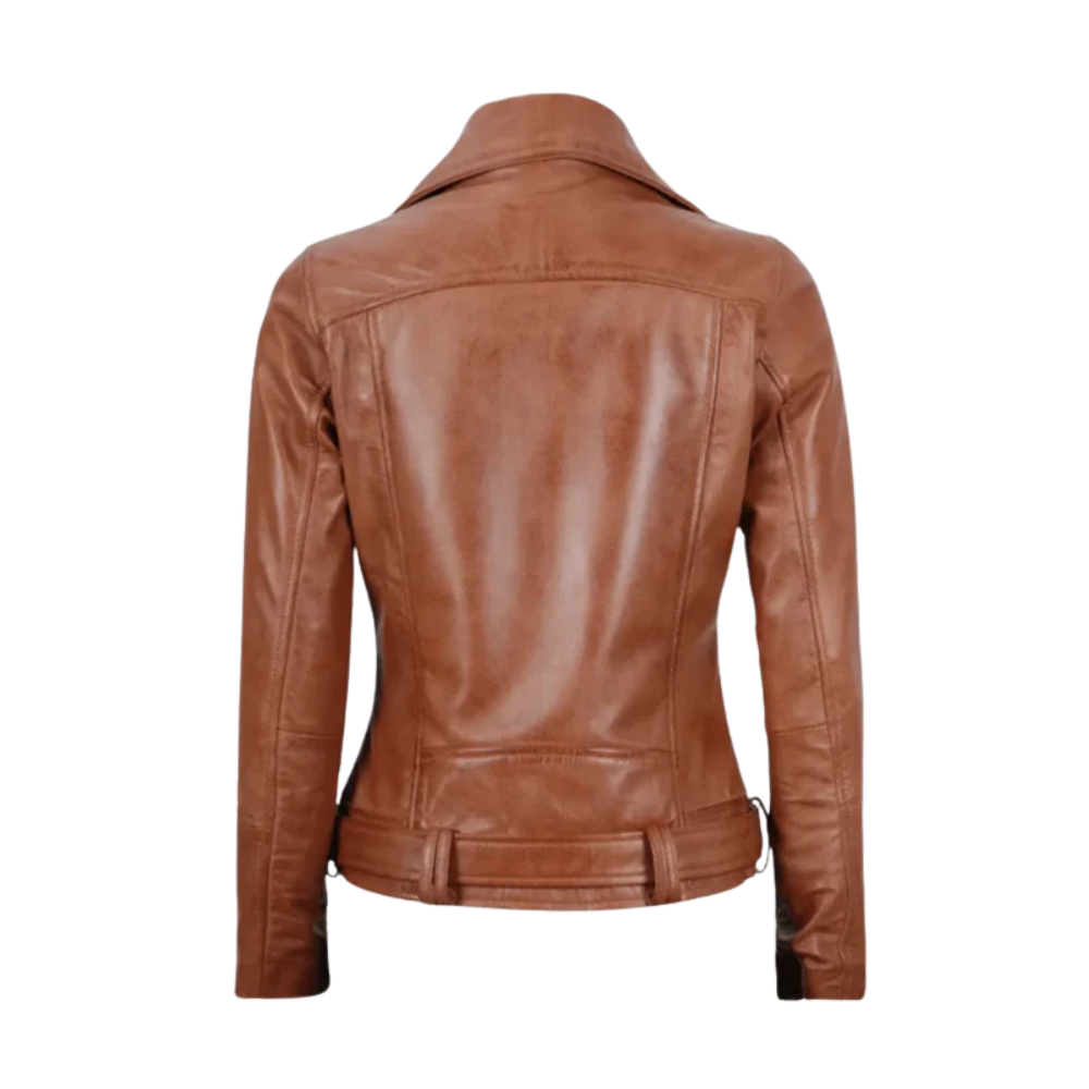 Elisa Women’s Asymmetrical Brown Leather Motorcycle Jacket with Belted Waist