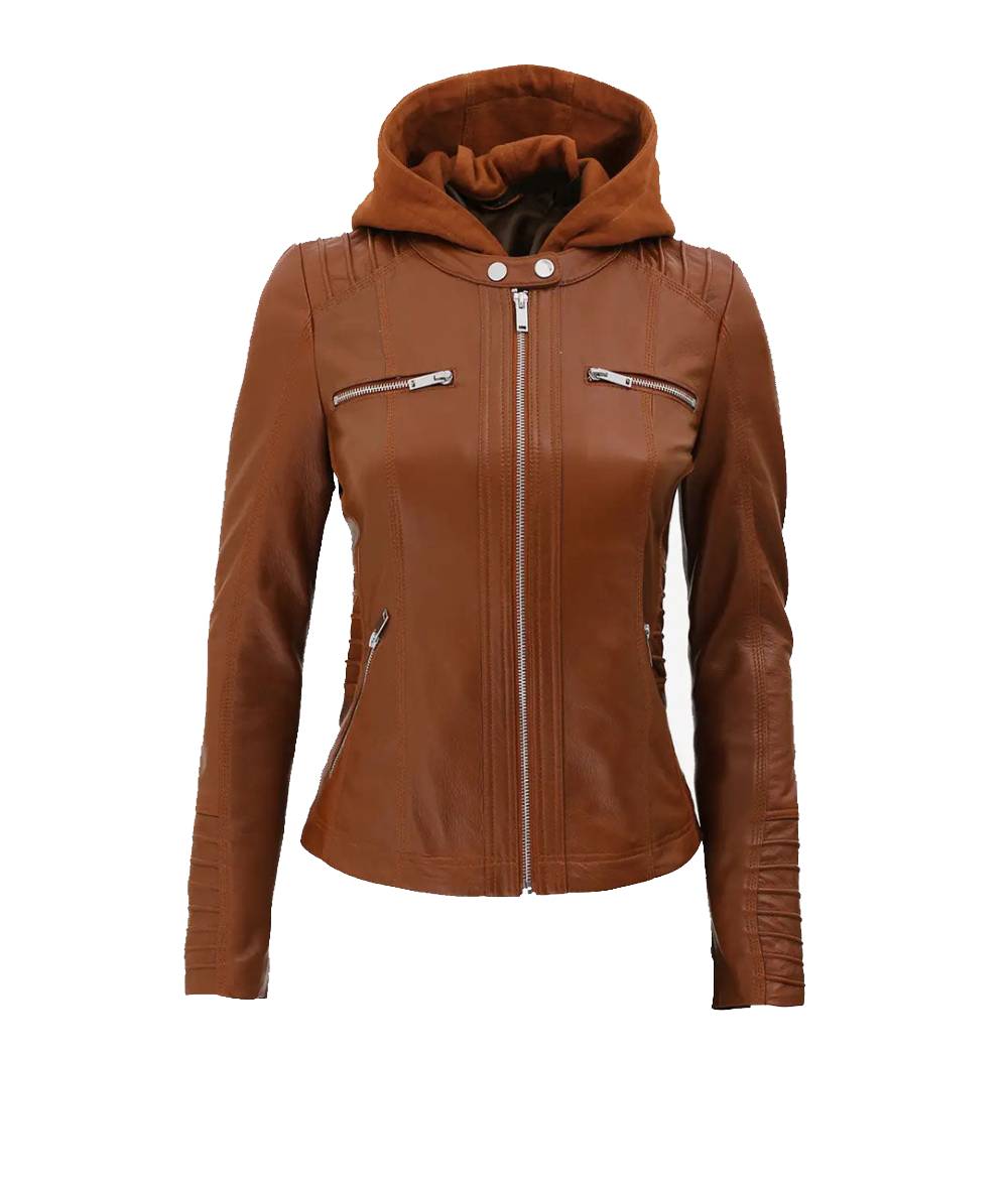 Helen Women's Cognac Leather Jacket with Removable Hood