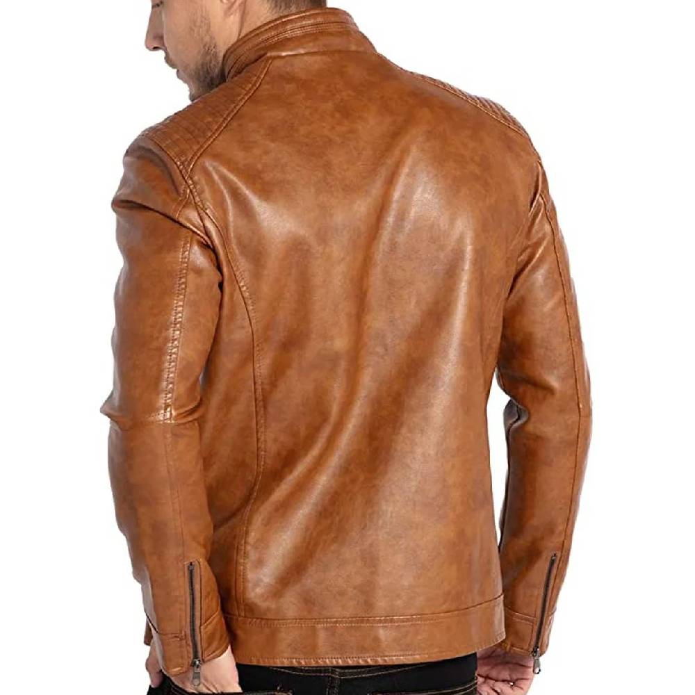 Men’s premium brown real leather jacket featuring a belted collar, light shoulder pads, and a slanted zippered chest pocket.
