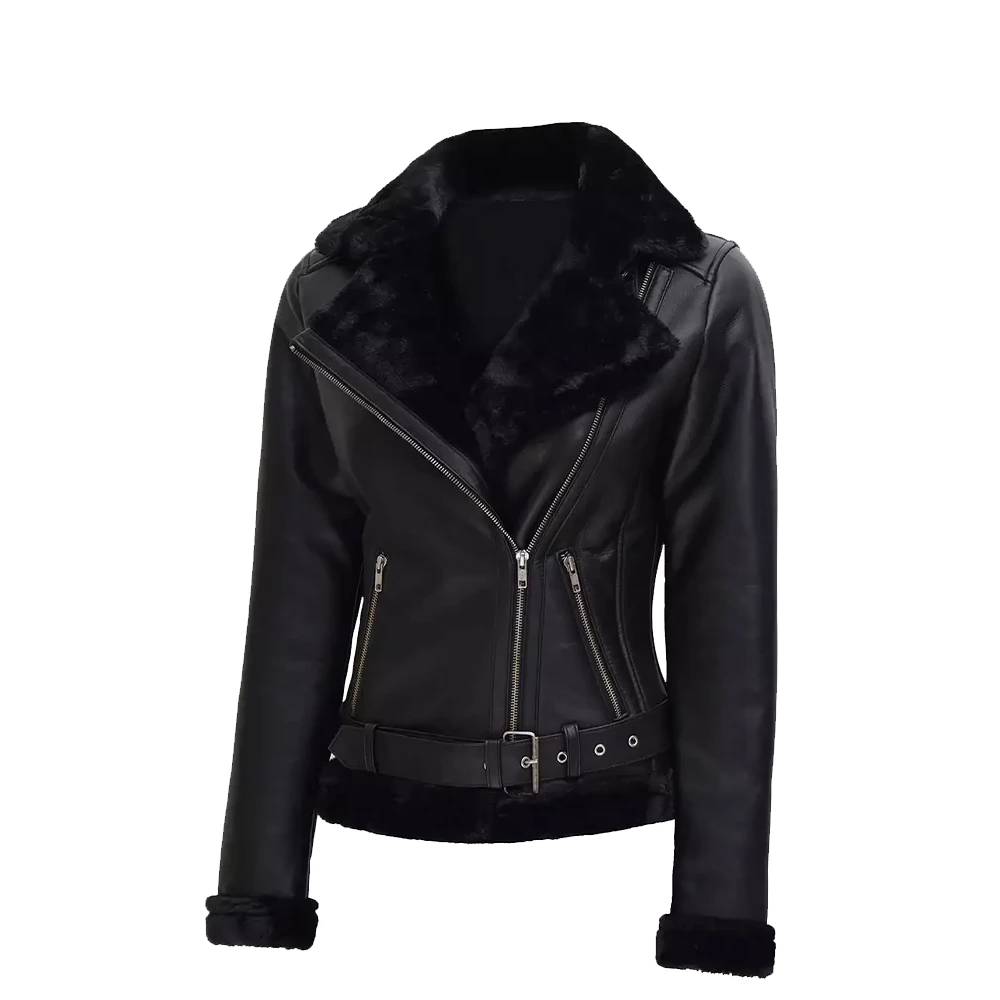 Black Real Lambskin Leather Biker Jacket with Asymmetrical Zip and Faux Shearling Lining.