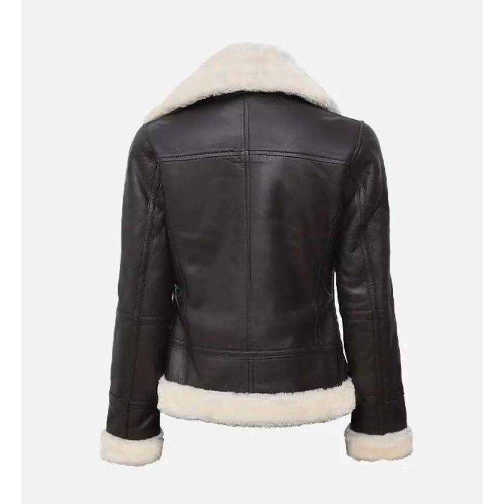Women's Dark Brown Real Lambskin Leather Aviator Jacket with Faux Shearling Collar and Cuffs.