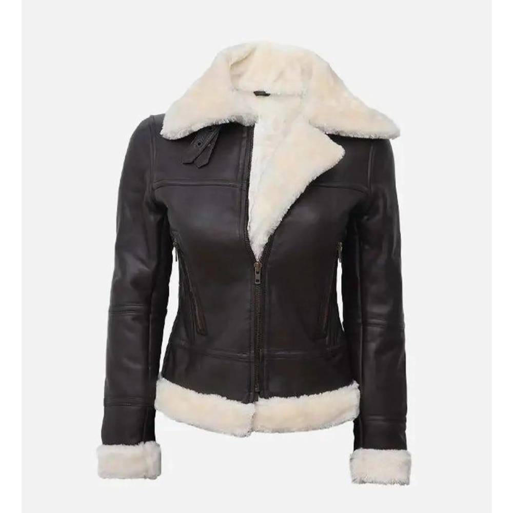 Women's Dark Brown Real Lambskin Leather Aviator Jacket with Faux Shearling Collar and Cuffs.
