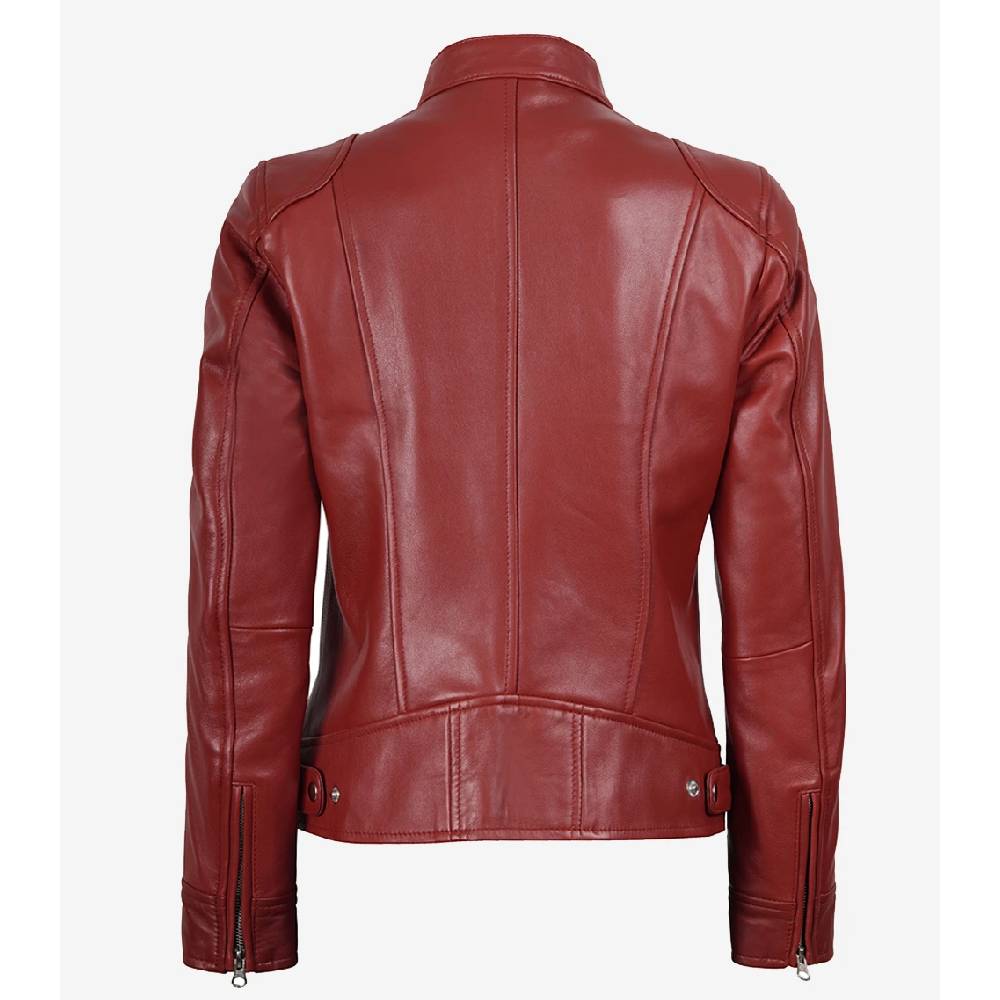 Women’s premium red real leather biker jacket with a snap-tab collar, zipper closure, and four zippered outside pockets.