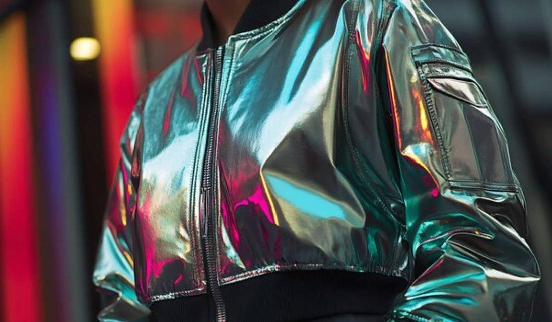 Metallic silver leather jacket with futuristic asymmetric design