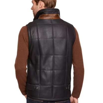 Brown faux shearling vest for men, featuring a warm sherpa lining and zip front.