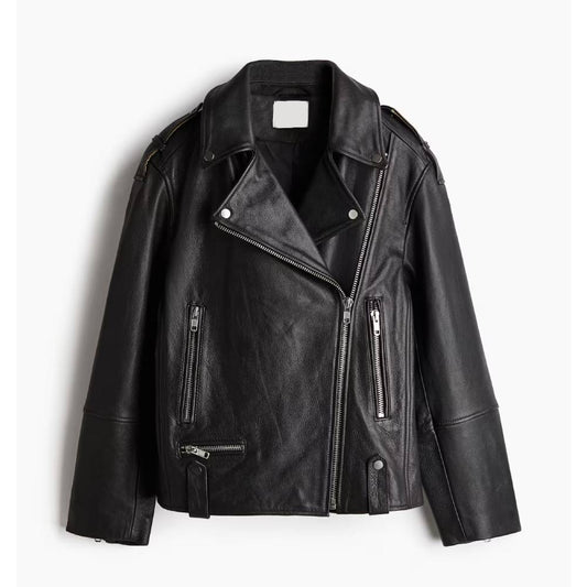 Stealth Black Loose-Fit Leather Biker Jacket