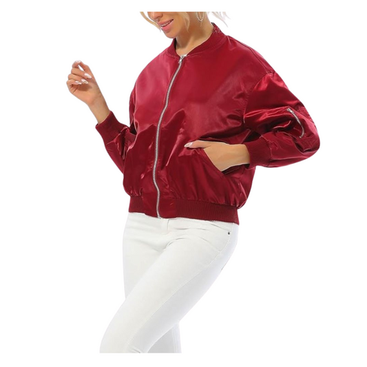 Vanessa Kirby Night Always Comes Red Satin Bomber Jacket