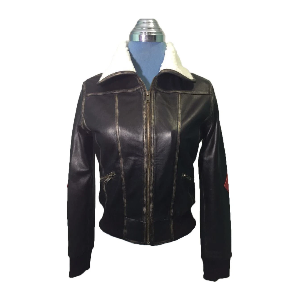 Women's Brown Real Leather Bomber Jacket with Faux Shearling Fur Collar