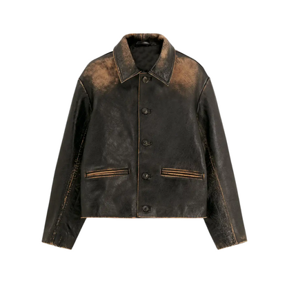 Women's Distressed Black Real Leather Jacket - Emily Ratajkowski Style