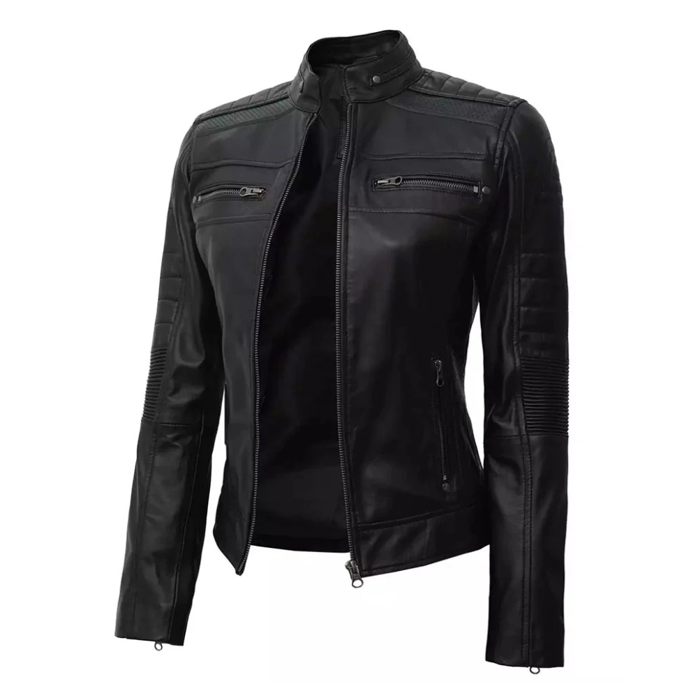 Classic Black Leather Biker Jacket For Women's