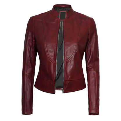 Maroon Leather Cafe Racer Jacket For Women's