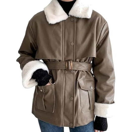 Brown Shearling Belted