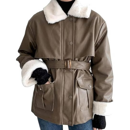 Brown-Shearling-Belted