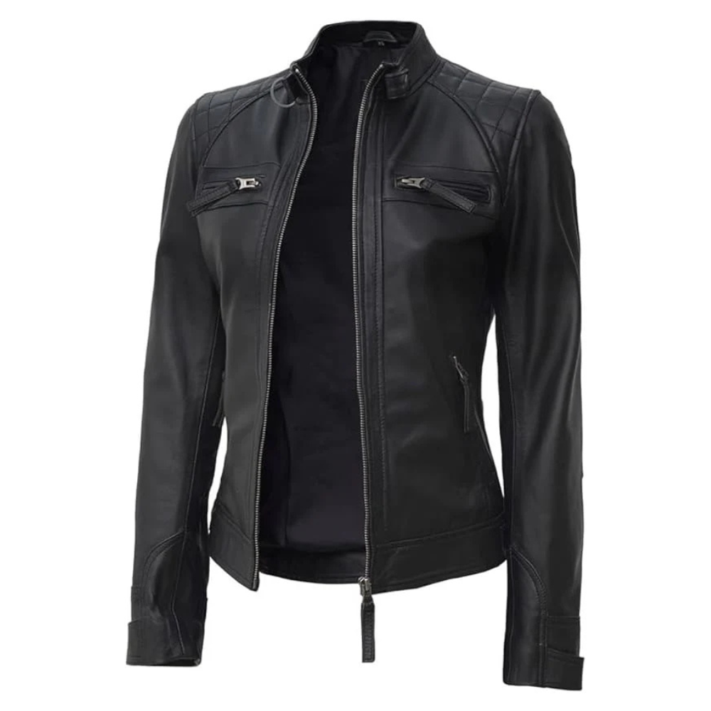 Hand-Stitched Black Leather Biker Jacket