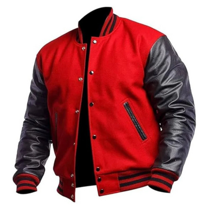 Red Faux Leather Sleeves Varsity Jacket