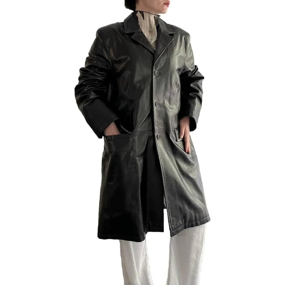 Retro Black Leather Trench Coat