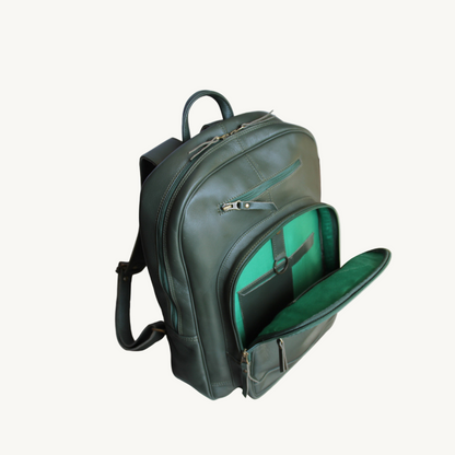 Green backpack with open front compartment on a white background