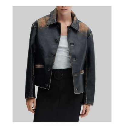 Women's Distressed Black Real Leather Jacket - Emily Ratajkowski Style