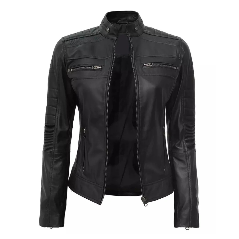 Classic Black Leather Biker Jacket For Women's