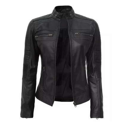 Classic Black Leather Biker Jacket For Women's