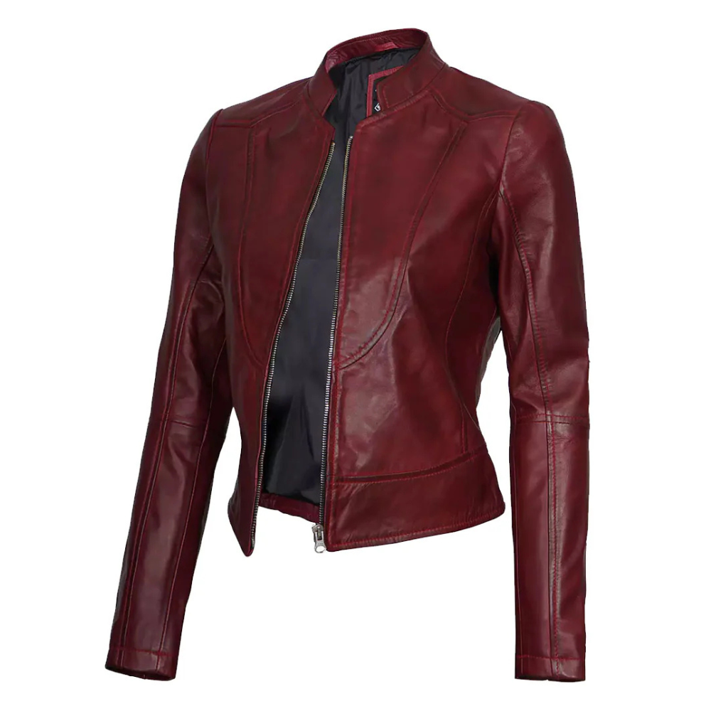 Maroon Leather Cafe Racer Jacket For Women's