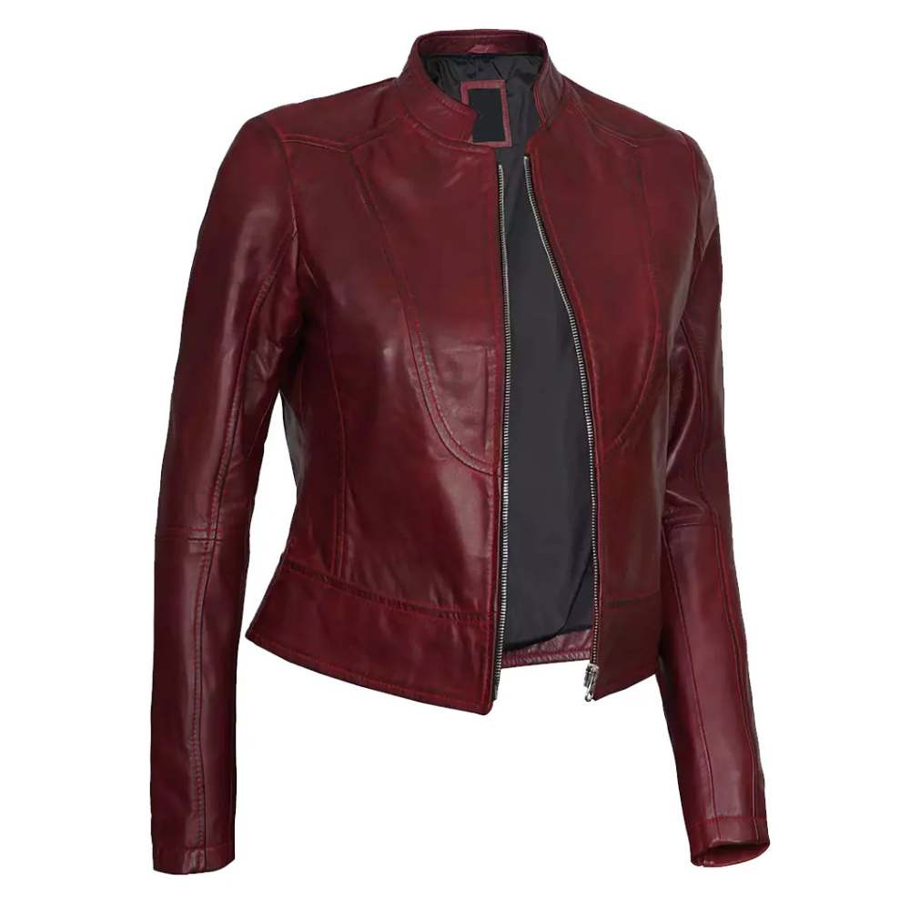 Maroon Leather Cafe Racer Jacket For Women's