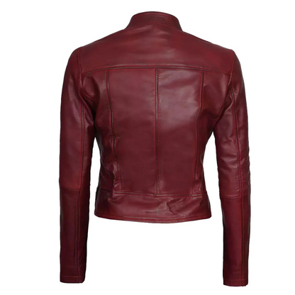 Maroon Leather Cafe Racer Jacket For Women's