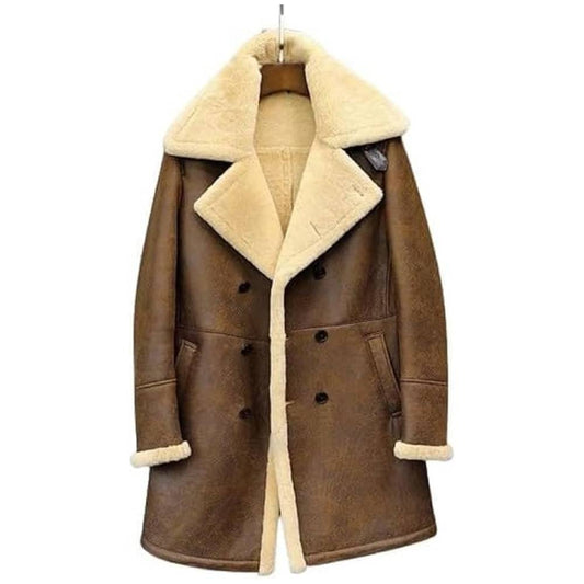 Man wearing Pious Leather's open brown long shearling sheepskin trench coat with turn-down collar, front view