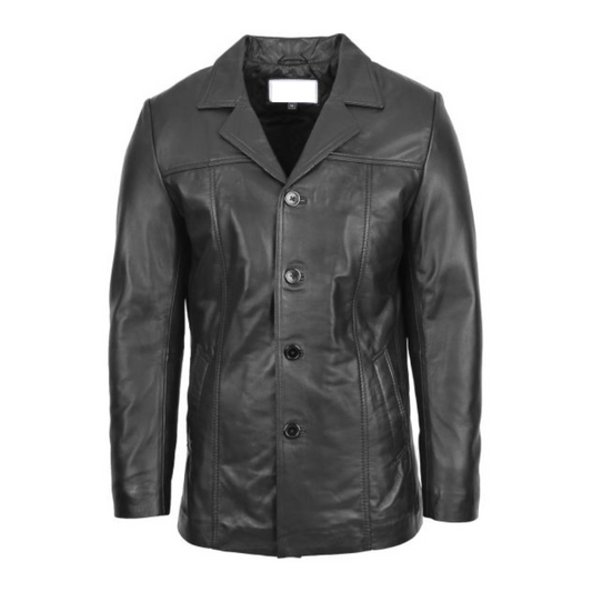 Black Continuum leather blazer for men, featuring a classic two-button closure and tailored fit.