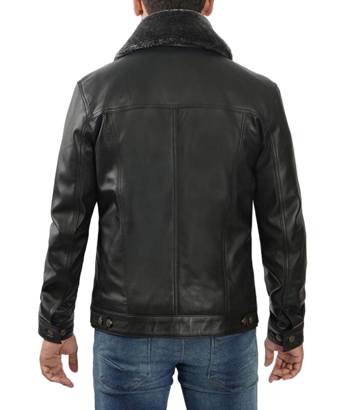 Black Faux Shearling Collar Leather Trucker Jacket