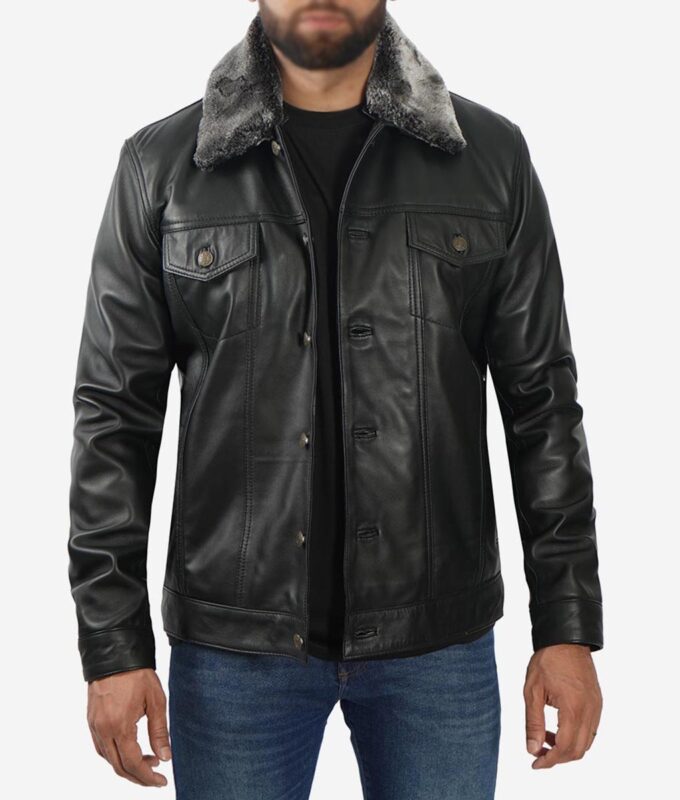 Black Faux Shearling Collar Leather Trucker Jacket