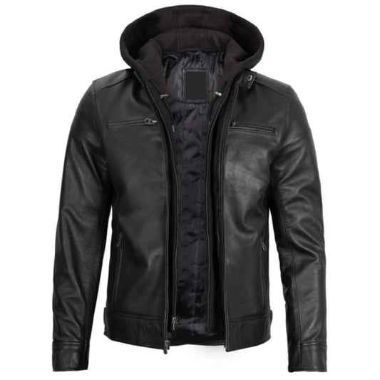 Black Motorcycle Leather Jacket with Hood & Stand Collar