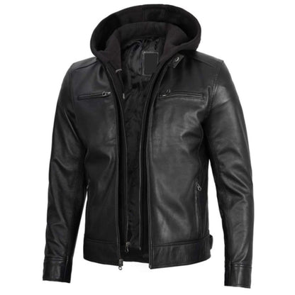 Black Motorcycle Leather Jacket with Hood & Stand Collar