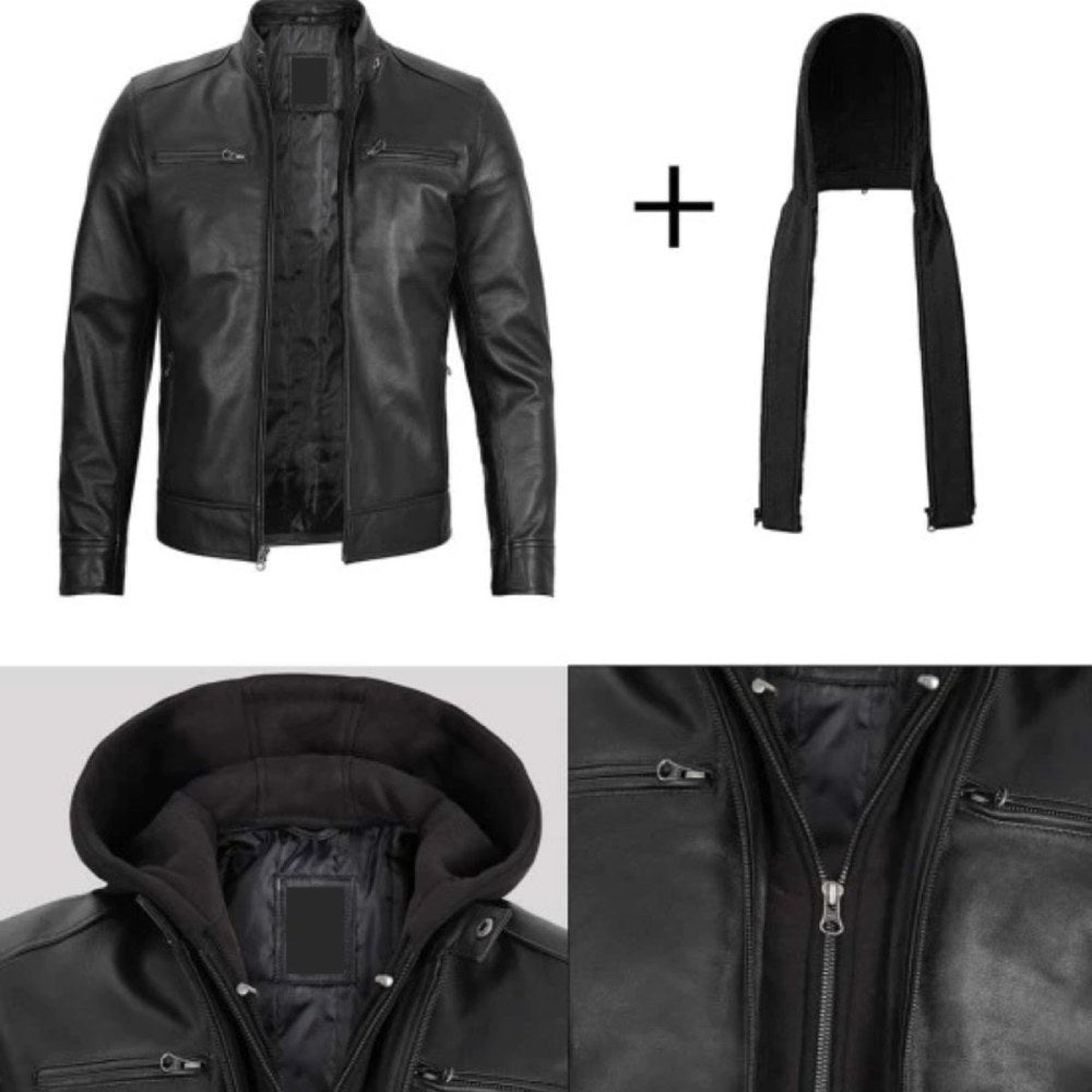 Black Motorcycle Leather Jacket with Hood & Stand Collar