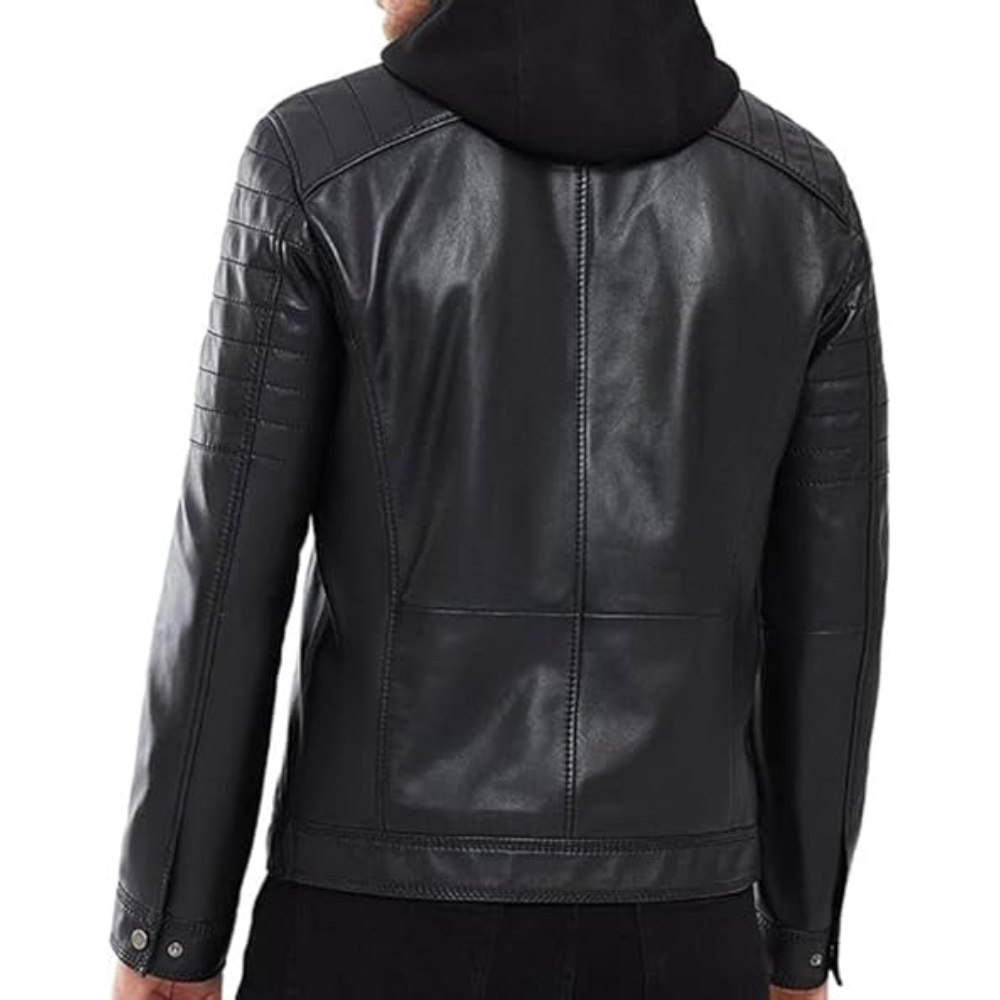 Black Motorcycle Leather Jacket with Hood & Stand Collar
