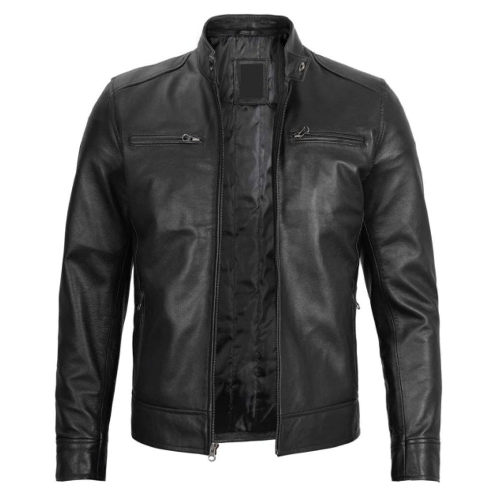 Black Motorcycle Leather Jacket with Hood & Stand Collar