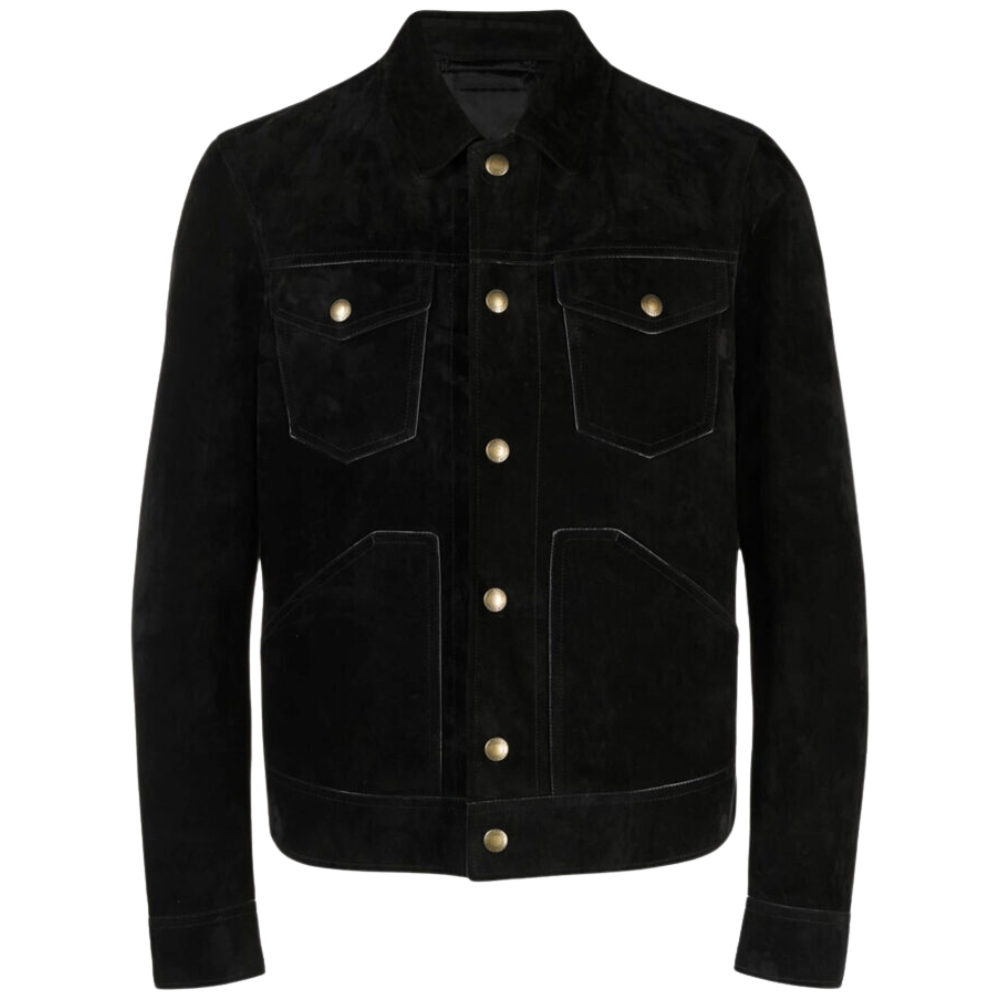 Black Onyx suede jacket for men, featuring a tailored fit and silver hardware.