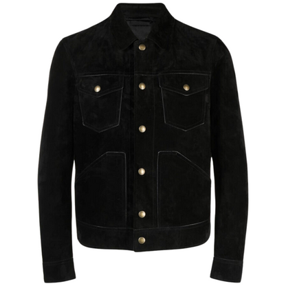 Black Onyx suede jacket for men, featuring a tailored fit and silver hardware.