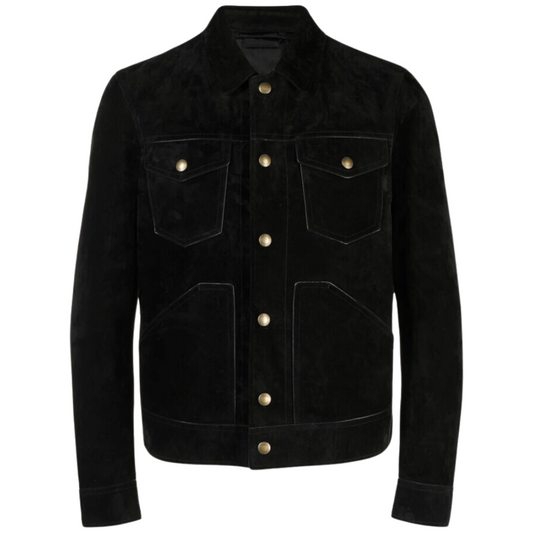 Black Onyx suede jacket for men, featuring a tailored fit and silver hardware.