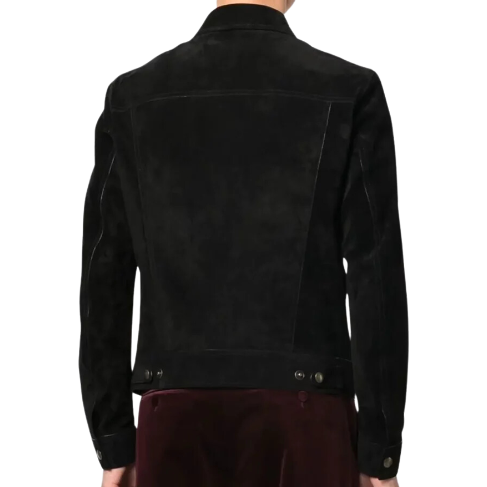 Black Onyx suede jacket for men, featuring a tailored fit and silver hardware.