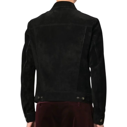 Black Onyx suede jacket for men, featuring a tailored fit and silver hardware.