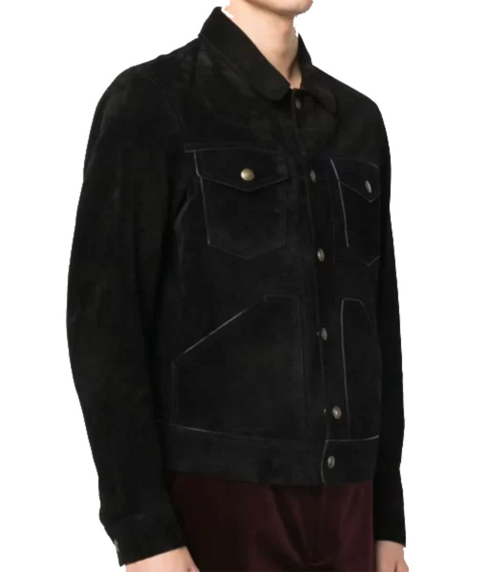 Black Onyx suede jacket for men, featuring a tailored fit and silver hardware.