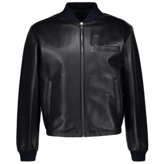 Black Sabre leather bomber jacket with ribbed cuffs and collar, suitable for men.