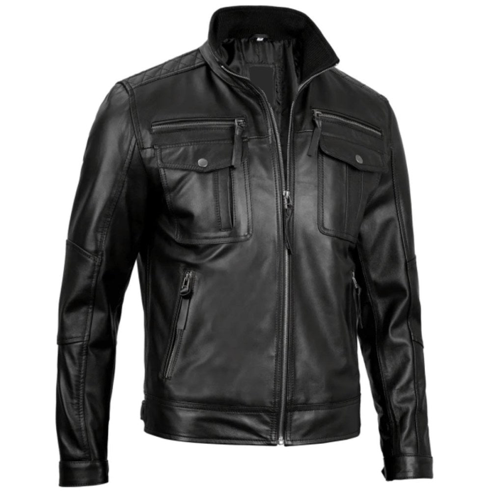 Black Shadow Cruiser leather biker jacket with zip-out lining and armor pockets.