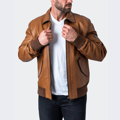 Brown leather jacket men worn lifestyle daily wear 
handmade genuine lambskin bomber vintage motorcycle 
biker coat spread collar ribbed cuffs distressed 
brown gift for him pious leather mens fashion