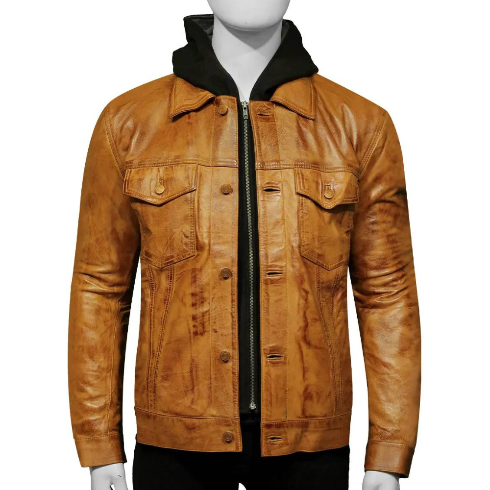 Brown Wolf Hooded Jacket in leather with removable hood and front zipper.
