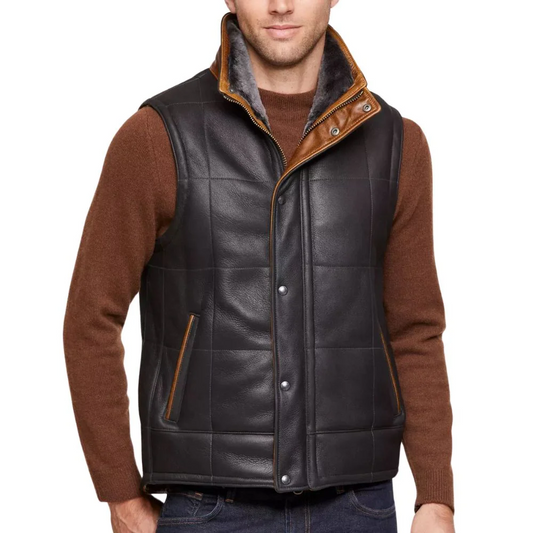 Brown faux shearling vest for men, featuring a warm sherpa lining and zip front.